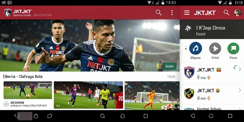 Antarmuka aplikasi JKTJKT yang menampilkan berita olahraga bola terkini.