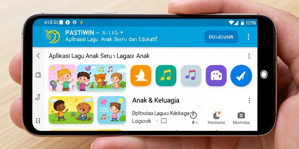 Antarmuka aplikasi PASTIWIN dengan tampilan warna-warni dan lagu anak-anak.